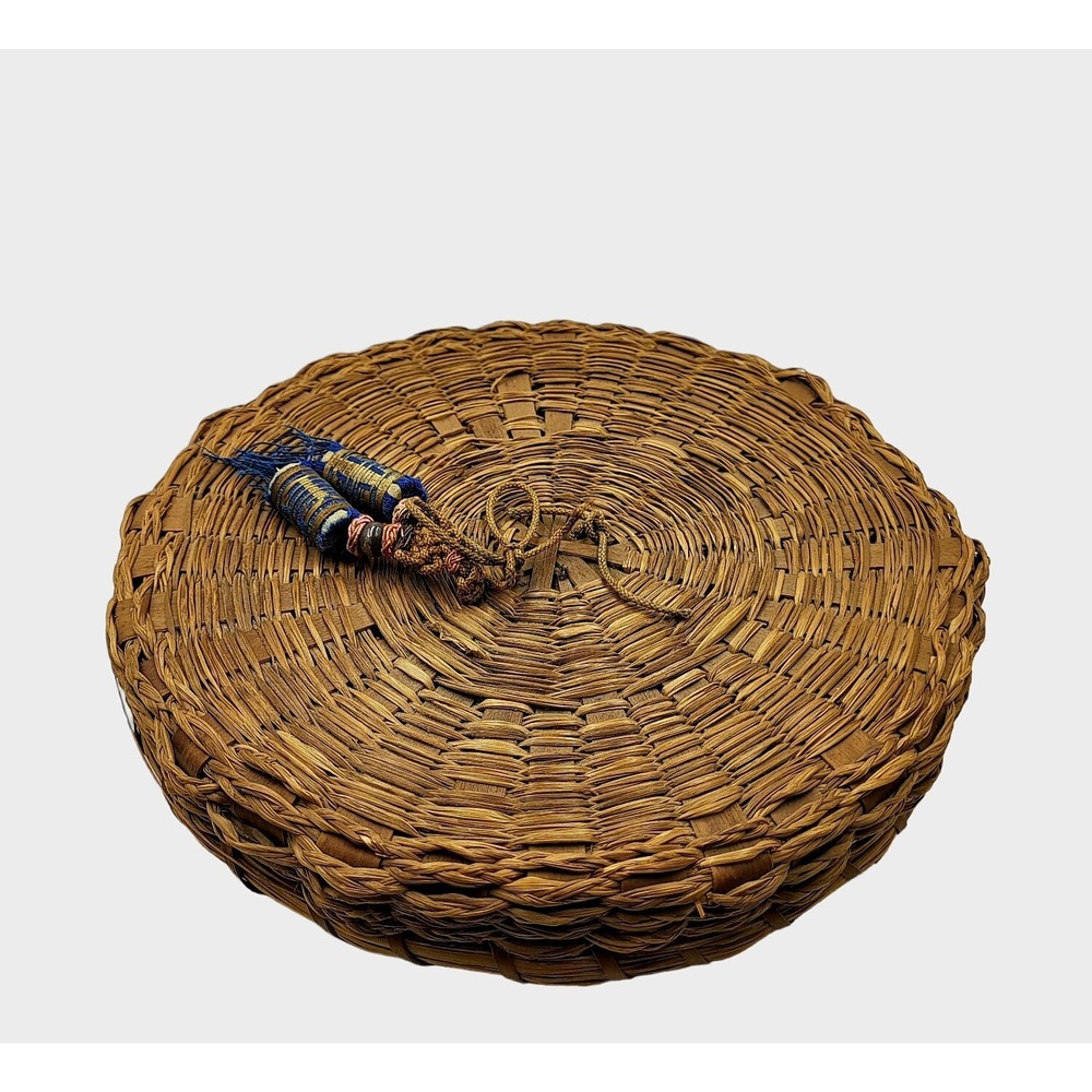 Vintage Covered Lidded Sewing Wicker Rattan Basket Tassels Glass Beads 1" X 8"